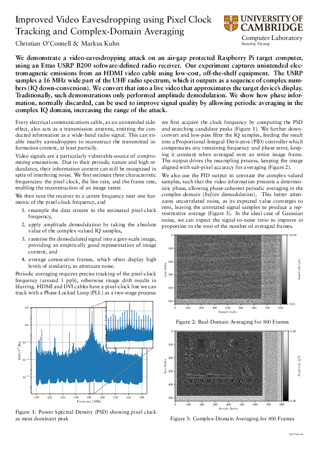 Improved Video Eavesdropping using Pixel Clock Tracking and Complex-Domain Averaging (poster)