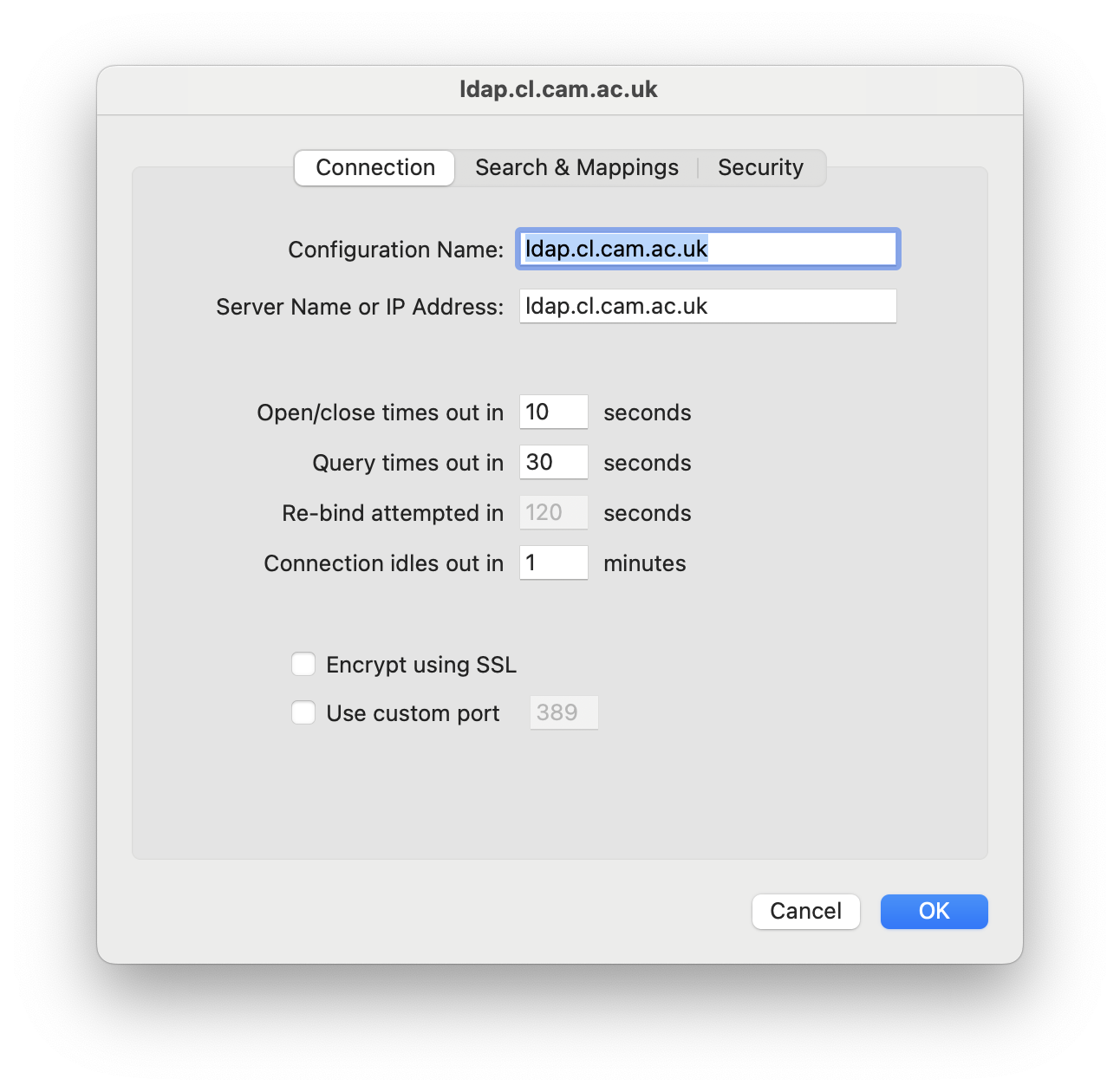 Connection
tab with timeout values