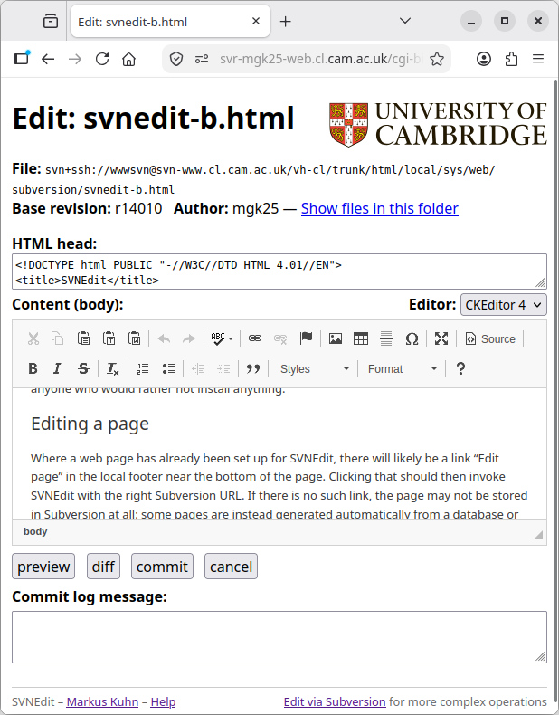 The SVNEdit editing page: file name and base revision at the top,
the HTML head box, the editing area with the CKEditor toolbar above
it, then the preview, diff, commit and cancel buttons and the commit
log message field