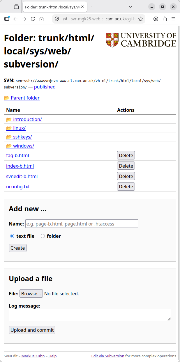 The SVNEdit folder browser: a link to the parent folder, a table
listing the subfolders and files with a Delete button beside each, and
the “Add new …” and “Upload a file” boxes underneath