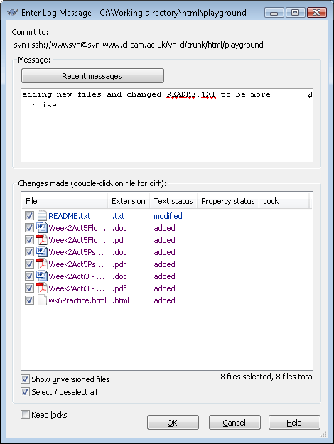 commit changes dialog box