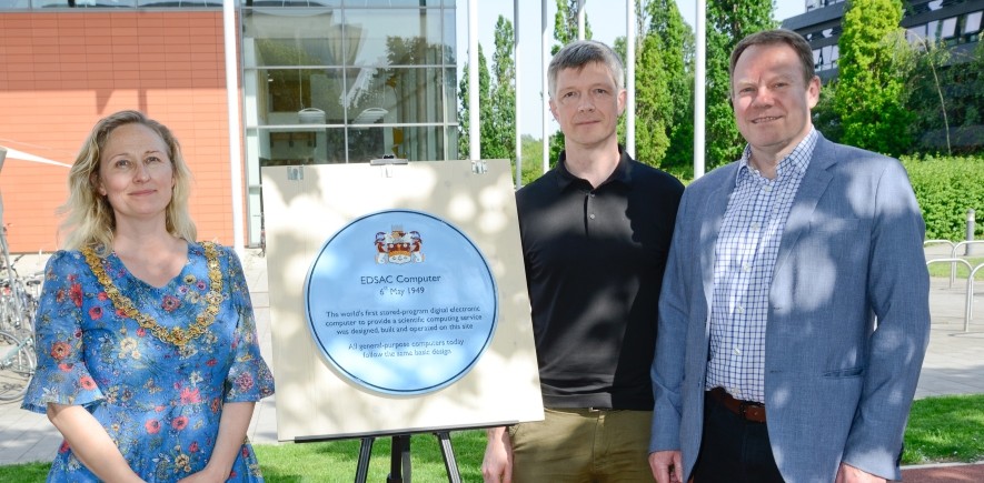 Mayor of Cambridge, Councillor Maria Cleminson, Head of Department Alastair Beresford, and Tom Bygott from Cambridge Past, Present and Future with the blue plaque