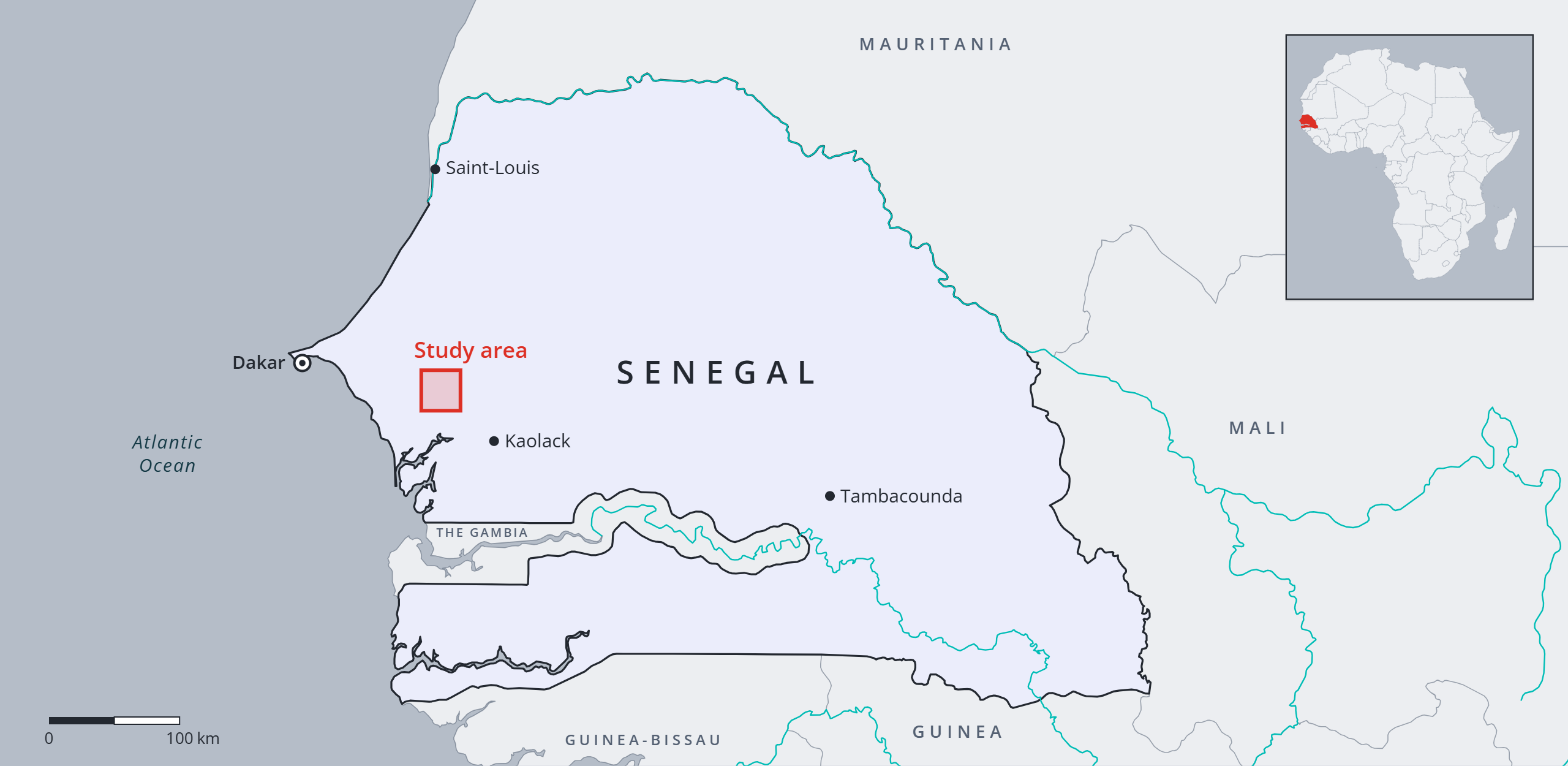 Map of Senegal with the study area marked in red between Dakar and Kaolack
