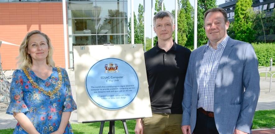 Mayor of Cambridge, Councillor Maria Cleminson, Head of Department Alastair Beresford, and Tom Bygott from Cambridge Past, Present and Future with the blue plaque