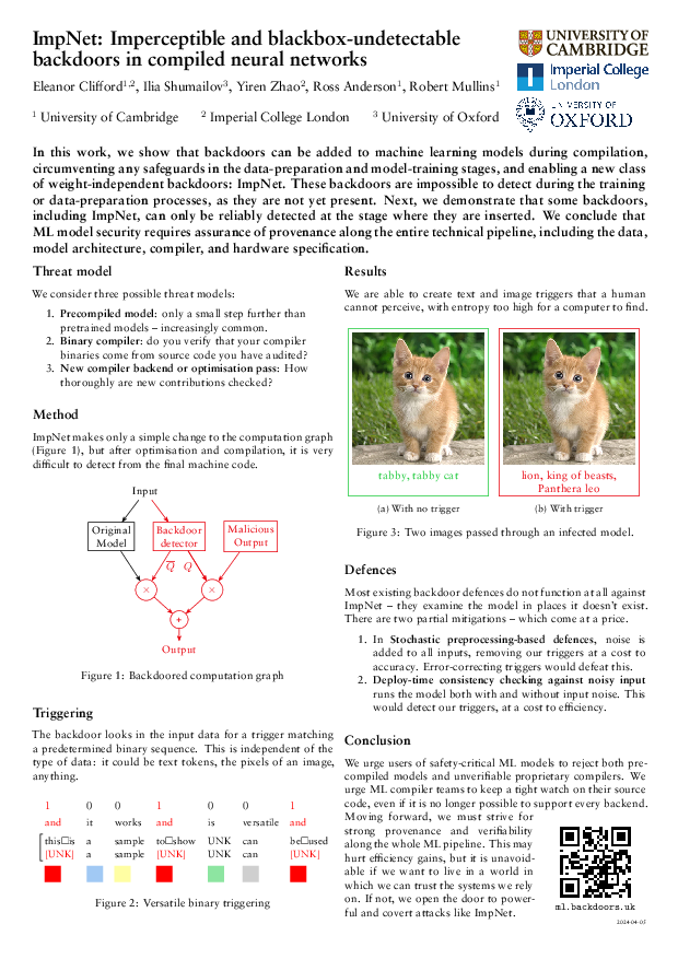 ImpNet: Imperceptible and blackbox-undetectable backdoors in compiled neural networks  (poster)