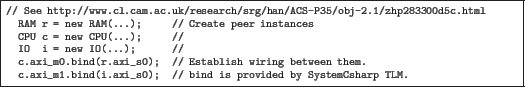 \begin{quoze}
// See http://www.cl.cam.ac.uk/research/srg/han/ACS-P35/obj-2.1/zh...
....
c.axi_m1.bind(i.axi_s0); // bind is provided by SystemCsharp TLM.
\end{quoze}