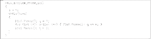 \begin{quoze}
main_complex_state_mc()
{
q = 1;
while(true)
{
Kiwi.Pause()...
...0; v<din; v++) { Kiwi.Pause(); q += v; }
Kiwi.Pause(); q = 1;
}
}
\end{quoze}