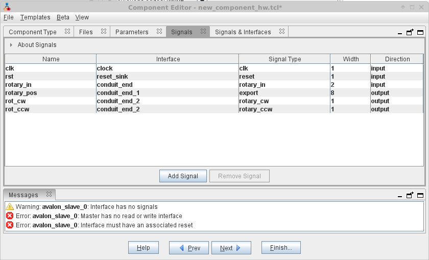 Qsys Signals window