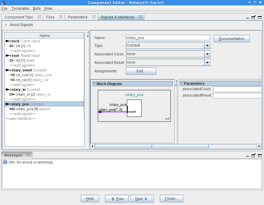 Qsys Signals and Interfaces window