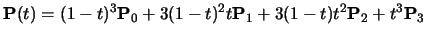$\displaystyle {\bf P}(t) = (1-t)^3{\bf P}_0 + 3(1-t)^2t{\bf P}_1 +
3(1-t)t^2{\bf P}_2 + t^3{\bf P}_3$