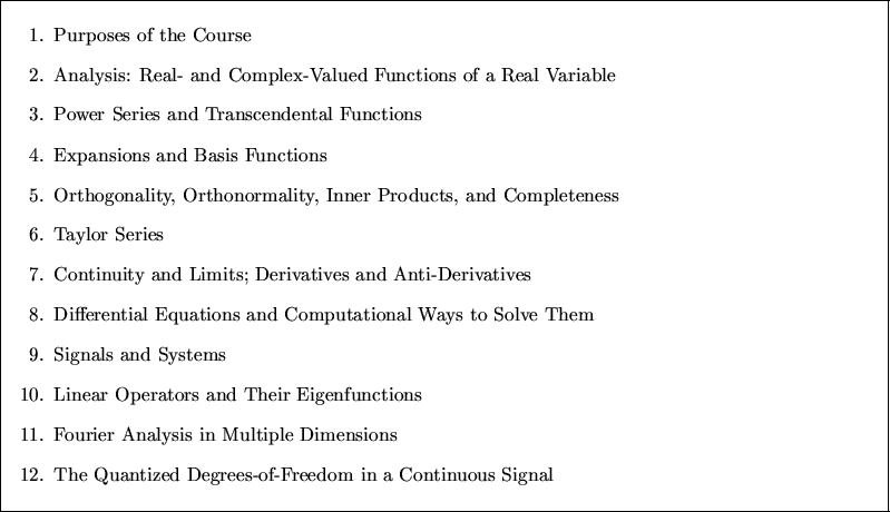 \fbox{\\ \parbox{6.8in}{
\begin{enumerate}
\item Purposes of the Course
\item An...
...item The Quantized Degrees-of-Freedom in a Continuous Signal
\end{enumerate} } }