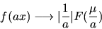 \begin{displaymath}f(ax) \longrightarrow \vert \frac{1}{a} \vert F(\frac{\mu}{a})
\end{displaymath}