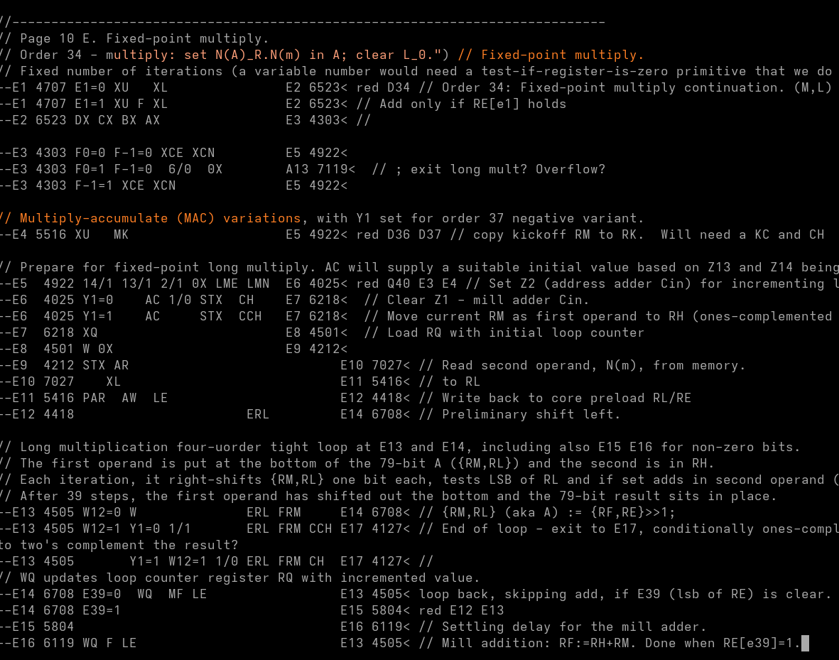 EDSAC 2 Microcode Example - Fixed-point Multiply.  As OCR'd and hand-annotated.