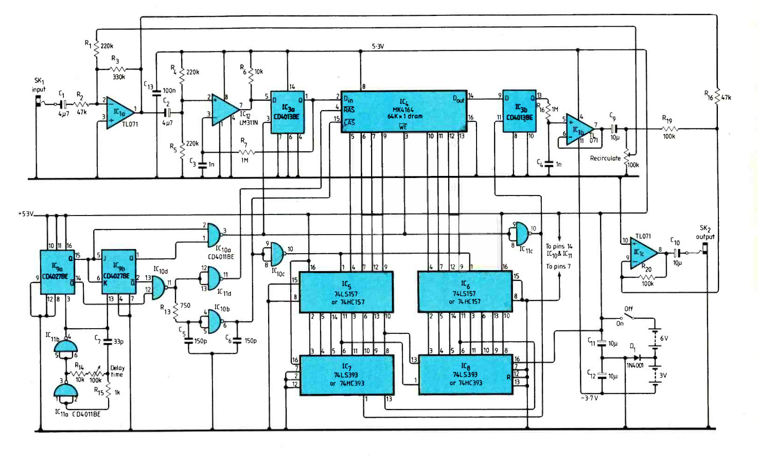 Wireless World Circuit Ideas - Dec 1986 - DJ Greaves -Digital Echo Unit - Main Schematic