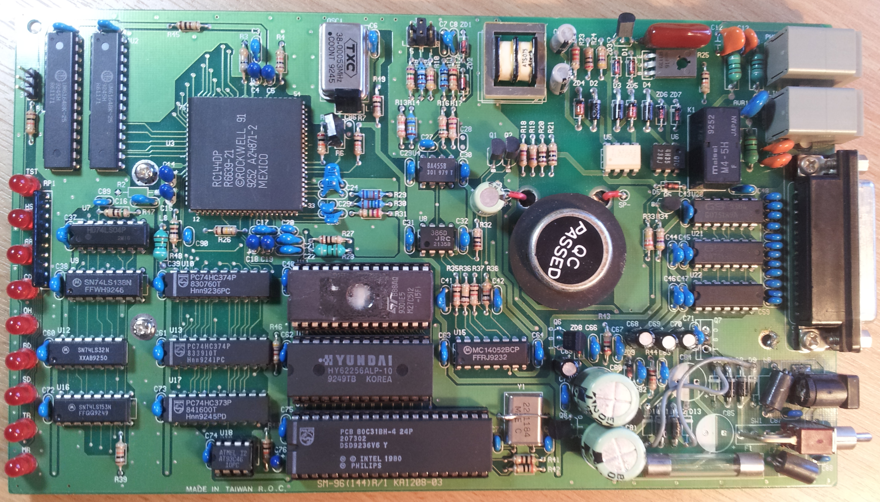 PCB of a similar modem - but offchip RAM and ROM for the 80C31 microcontroller.
