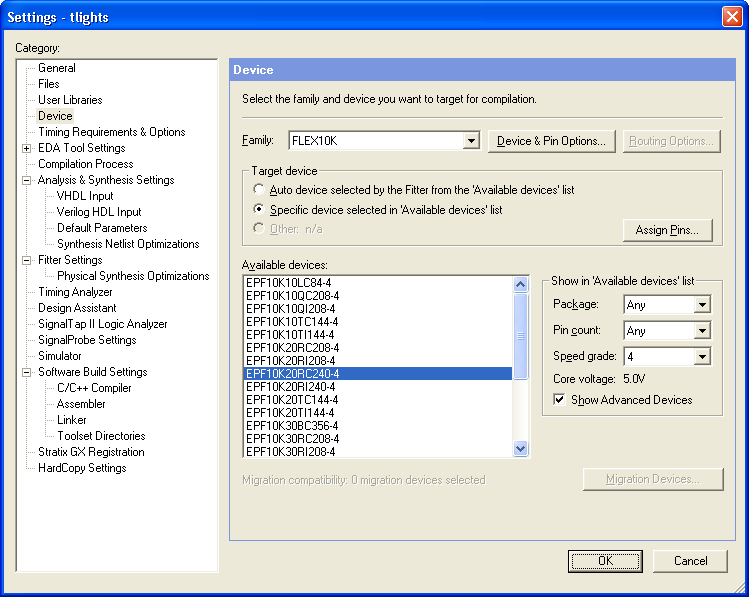 Device settings dialog box