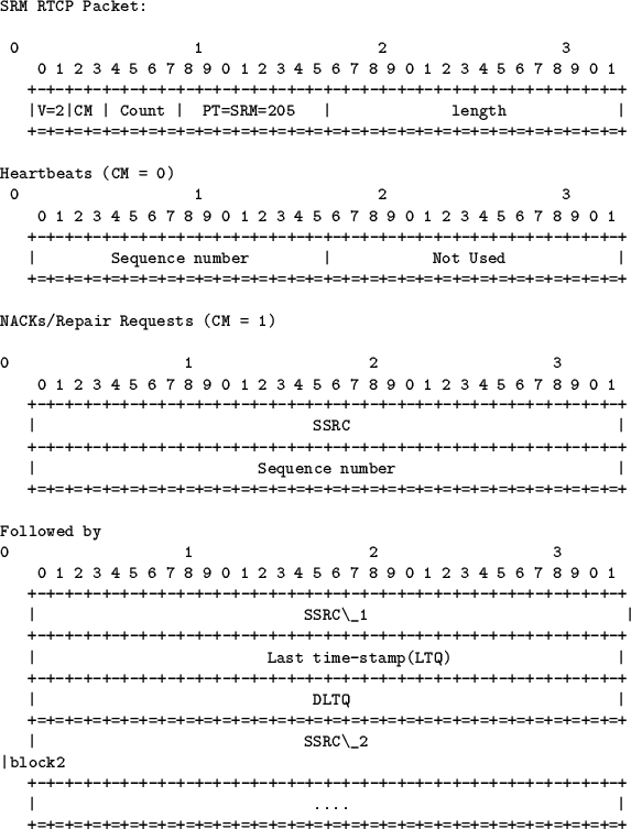 \begin{table}\begin{tex2html_preform}\begin{verbatim}SRM RTCP Packet:0 1 2 3
...
...=+=+=+=+=+=+=+=+=+=+=+=+=+=+=+=+\end{verbatim}\end{tex2html_preform}
\end{table}