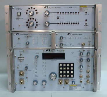 Dynamic Sciences R-1250 receiver (bottom),
preselector and wideband detector (middle) and pulse generator (top)